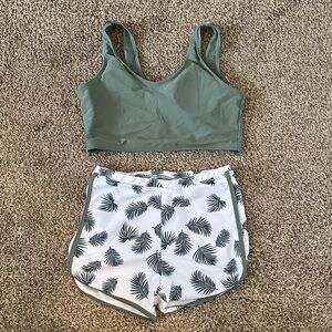 Sage Green Sports Bra and Palm Print Swin Set